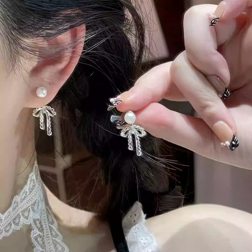 蕾丝花边蝴蝶结珍珠耳环女轻奢高级感精致耳钉后挂式小众精致耳饰