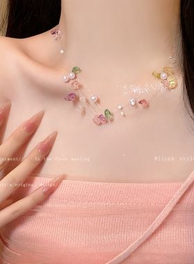 彩色串珠珍珠项链女天然石双层叠戴颈链配饰小众设计高级感锁骨链