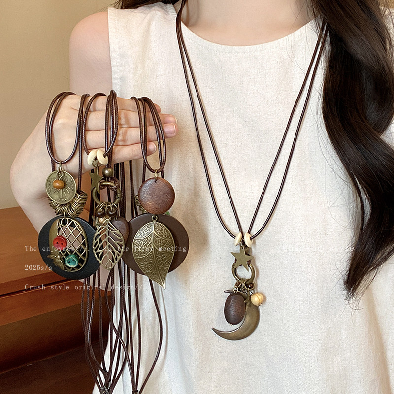 新中式禅意长款羽毛项链女复古民族风装饰毛衣链波西米亚吊坠配饰