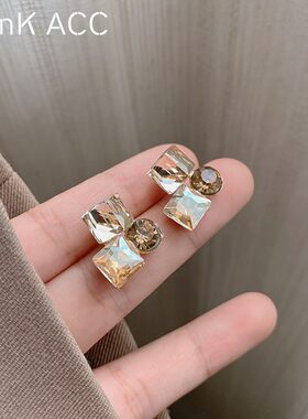 几何水晶方块耳钉女秋冬轻奢高级感美拉德耳饰品新款小众独特耳环