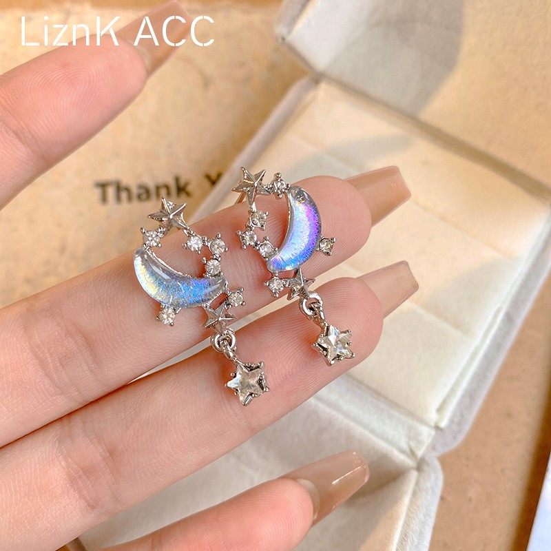 韩版蓝色星月耳环女轻奢精致ins风耳钉潮流气质新款耳饰潮