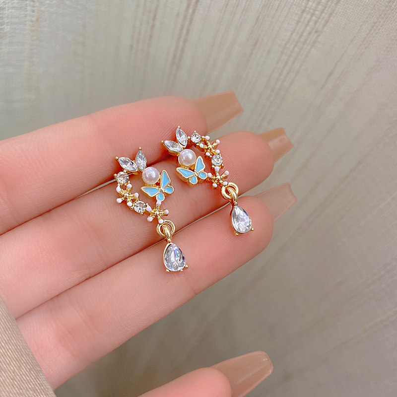个性小清新锆石花朵耳环女小众高级感百搭气质蝴蝶耳钉耳饰品