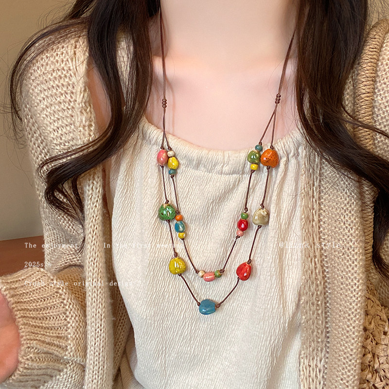 彩色长款陶瓷毛衣链女多巴胺穿搭双层叠戴项链海边配裙子装饰配饰