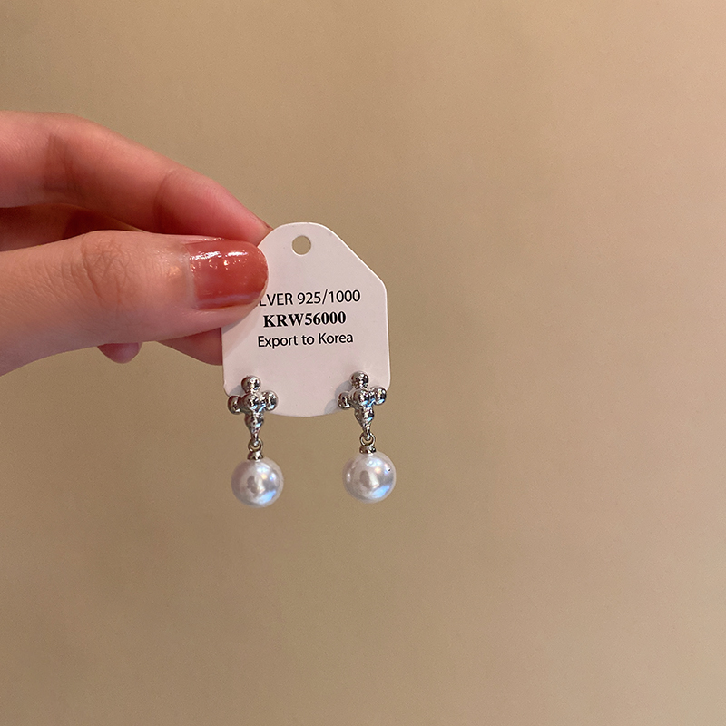 欧阳娜娜同款珍珠吊坠十字架耳环耳夹小众设计感高级感无耳洞耳饰