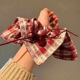 紅色櫻桃蝴蝶結方巾大腸發圈女韓系高級感扎馬尾頭繩發飾圣誕新年