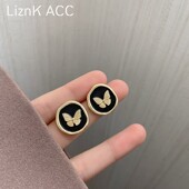 黑色圆形蝴蝶耳钉2022年新款 潮独特小众设计感耳环女夏季
