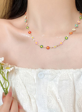 彩色小众项链女小清新雏菊花朵手链颈链ins风撞色设计锁骨链配饰