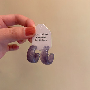 方圆脸紫色晕染C形耳钉时髦夸张高级感耳环女气质冷淡风小众耳饰