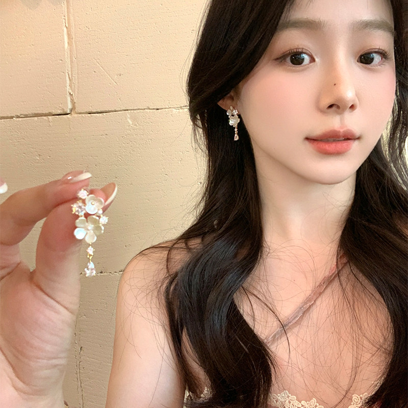 法式闪锆花朵流苏耳环女轻奢高级感耳钉气质耳饰耳坠无耳洞耳夹