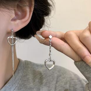 不对称爱心流苏耳钉女2023年新款 耳环小众设计感流苏耳坠饰品 长款