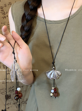 新中式羽毛银杏叶项链女复古民族风长款挂脖配饰2026新款毛衣链男