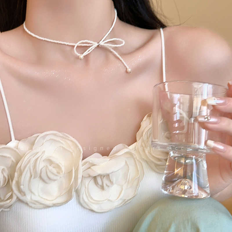 施家珠珠蝴蝶结项链女超仙短款choker颈链2024新款气质温柔锁骨链