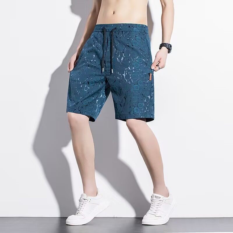 透气直筒男士潮流薄款休闲大码夏季宽松冰丝短裤五分裤子弹力提花