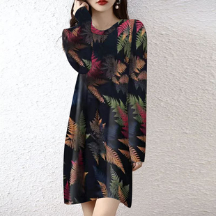 女装 春秋薄款 气质优雅裙子宽松大码 长袖 年轻妈妈端庄连衣裙女新款