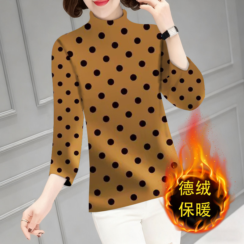 长袖外穿半高领印花德绒打底衫女大码胖mm宽松遮肚显瘦T恤小衫潮