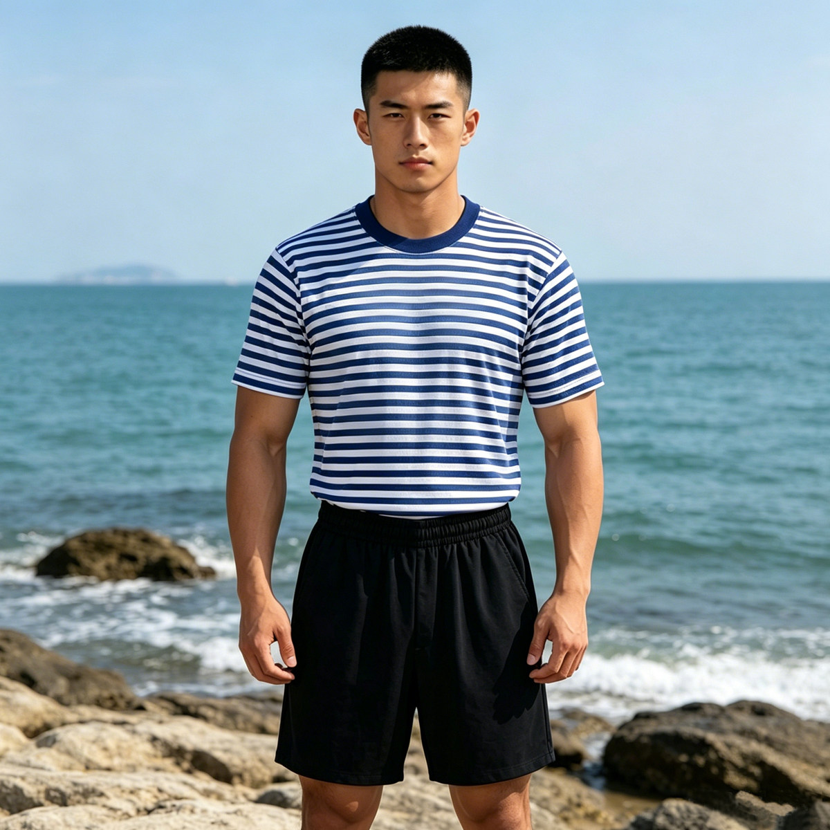 海魂衫男体能训练服宽松T恤速干条纹衫短袖圆领体能服运动套装夏