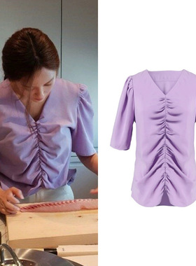 裴秀智同款T恤女2020夏季新款ins超火显白紫色泡泡袖V领抽褶上衣