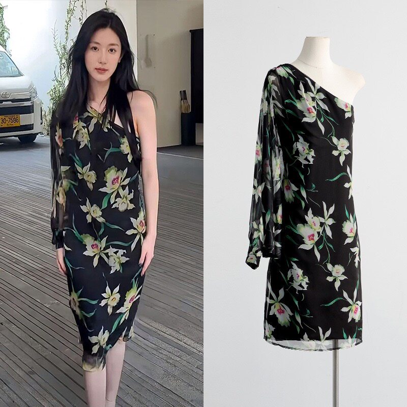 [现货]蒲言延款度假风仙女裙小斜肩设计小众雪纺碎花连衣裙女
