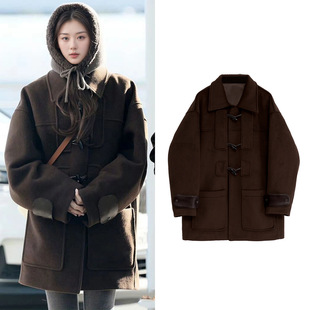 [现货]林娜琏同款牛角扣中长款毛呢大衣高级感小众呢子外套女冬