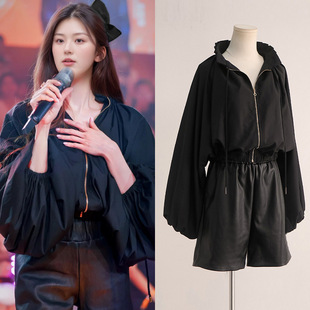 [现货]王心凌同款春季新款黑色灯笼袖宽松短款拉链长袖外套女