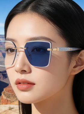 2026新款复古经典方框无框变色太阳镜女加厚镜片弹簧腿潮流墨镜女