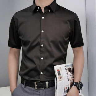 短袖衬衫男商务休闲衬衣丝绸亮面2023夏季上班工装男士纯黑色上衣