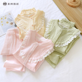 新款 V领对襟家居 田园仙女风纯棉棉纱柔软绉布木耳花边睡衣长袖