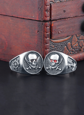 海盗骷髅头嵌红眸s925银男士戒指