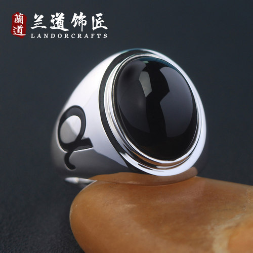 男士黑玛瑙925纯银食指戒可定制