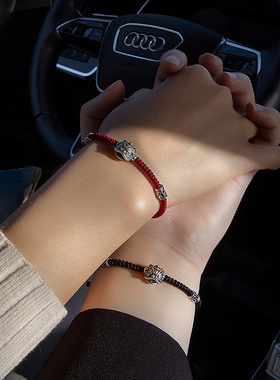 国潮小醒狮手链复古纯银男女红手绳手工编织好运配饰可调节情侣