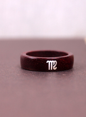 小叶紫檀木镶银十二星座戒指紫檀镶嵌个性男女对戒小众指环手饰品