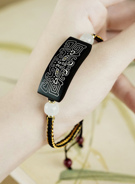 枣木镶银饕餮手链男式黑檀镶嵌中国风手饰高级感道家饰品手牌配件