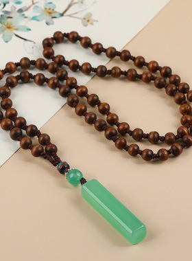 复古民族风东陵玉柱项链水晶吊坠桃木毛衣链女简约挂件棉麻配