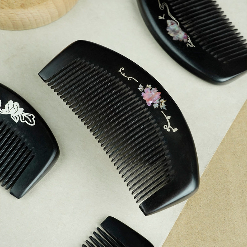 黑檀木镶银梅花插梳子紫光檀镶嵌国风贝壳荷花男女实木梳子批发