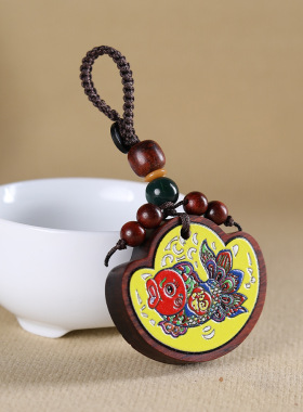 紫檀木雕中国风彩绘年年有鱼汽车钥匙扣男女包包挂件吊坠饰品配件