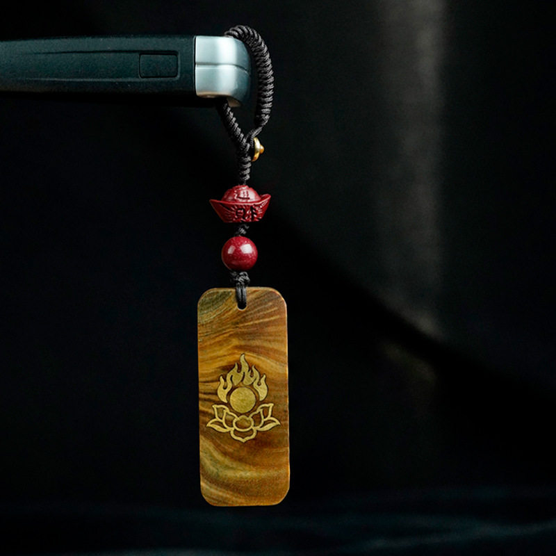 绿檀木镶铜莲花火焰纹挂件镶嵌网红钥匙扣国风佛像车挂无事牌吊坠