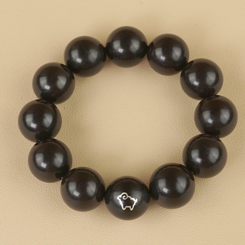 黑檀木镶银十二生肖手串紫光檀双面镶嵌本命件男女手链中国风饰品