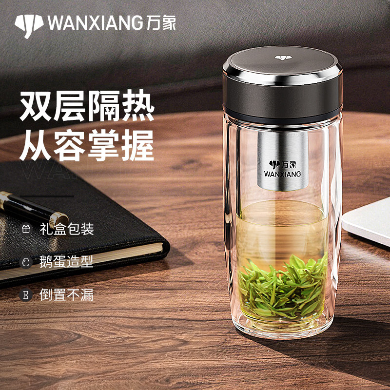 万象鹅蛋玻璃杯办公室水杯女士高档家用可车载高颜值双层茶杯子男