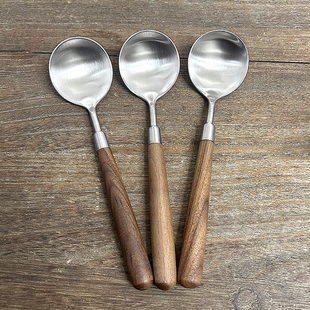 实木胡桃木拉丝304不锈钢西餐勺汤勺家用吃西瓜勺子拌饭勺甜品勺