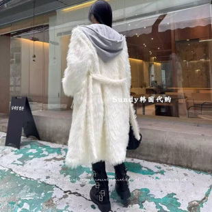 韩国东大门INS博主25秋冬代购 气质纯色宽松仙气毛绒绒风衣外套女