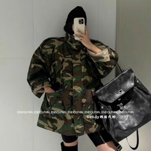韩国代购 潮酷立领迷彩宽松收腰显瘦棉服外套女 2025冬新INS博主