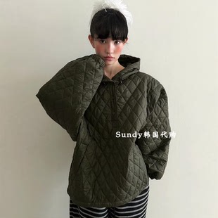 连帽压褶纯色宽松半扣棉服卫衣女 时尚 直邮韩国代购 INS博主25秋冬