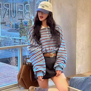 卫衣女 休闲翻领宽松条纹POLO领百搭长袖 直邮韩国代购 25春ins博主