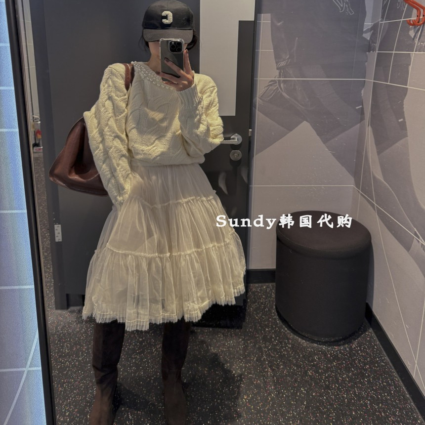 直邮韩国代购MAYMAY25冬新 甜美高腰百褶纯色蕾丝花边网纱半身裙