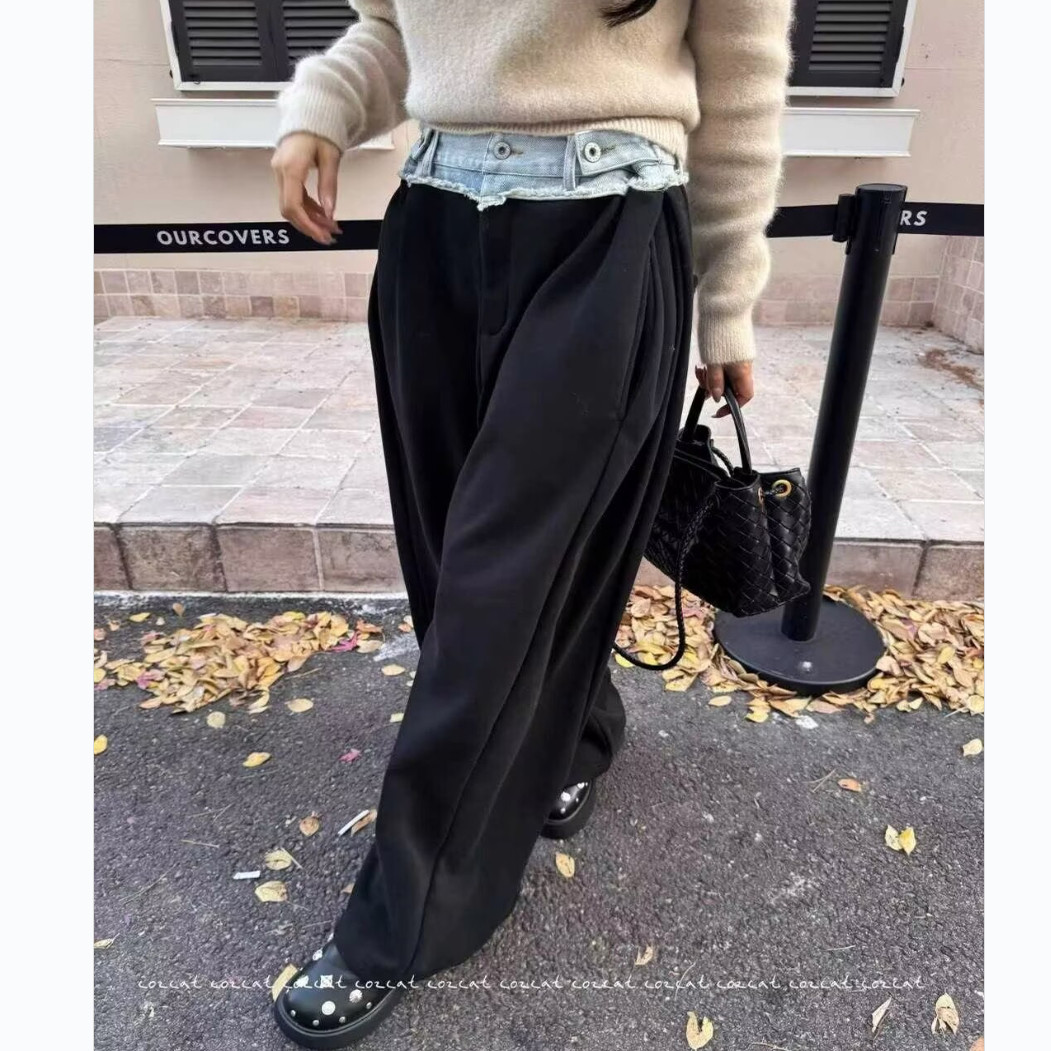 韩国代购INS博主25冬新 洋气高腰牛仔拼接直筒阔腿显瘦休闲裤长裤