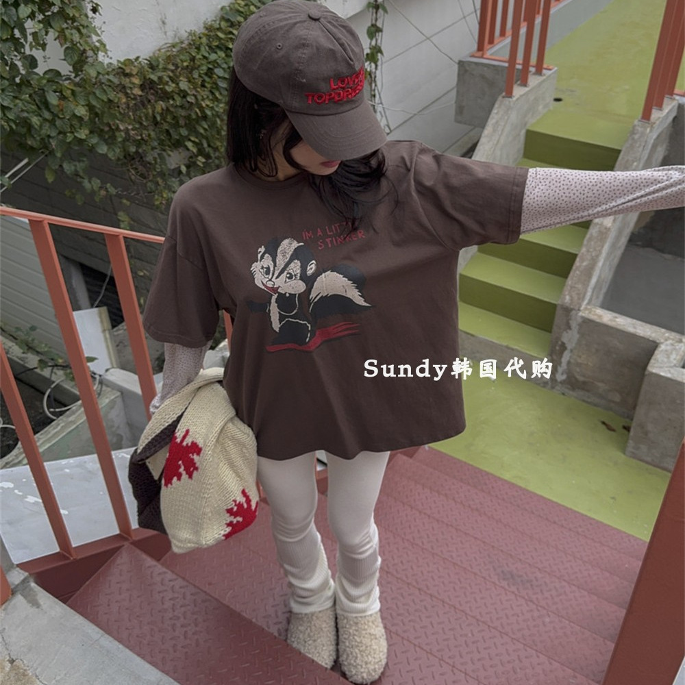 直邮韩国代购maymay25冬新 时尚显瘦圆领卡通印花假两件长袖T恤女