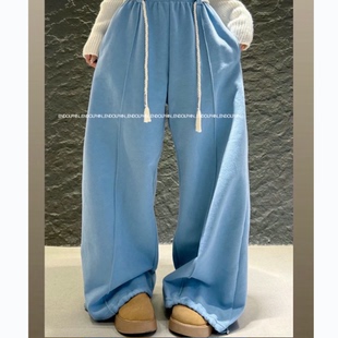 女 洋气高腰系绳直筒阔腿加绒休闲裤 直邮韩国东大门代购 INS25秋新