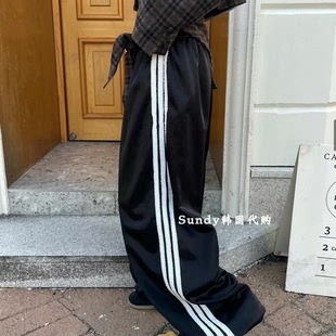 女 高腰学院风侧条杠宽松直筒休闲裤 直邮韩国东大门代购 INS25秋新
