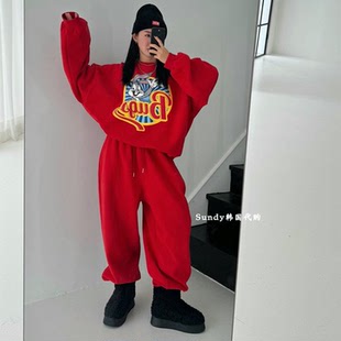 洋气圆领卡通兔子宽松加绒卫衣休闲裤 直邮韩国代购 25秋新INS博主