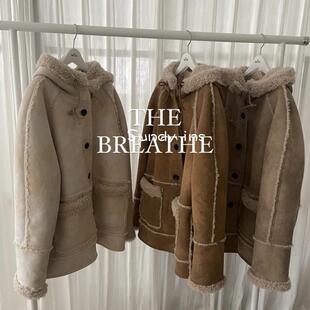 复古连帽中长款 韩国正品 白鹿同款 BREATHE 皮毛一体大衣外套 代购